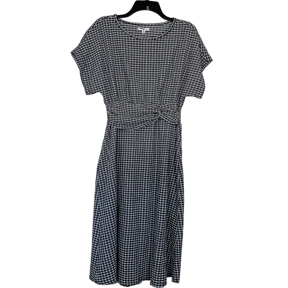 Black Check Knit Midi Dress with Twist Waist